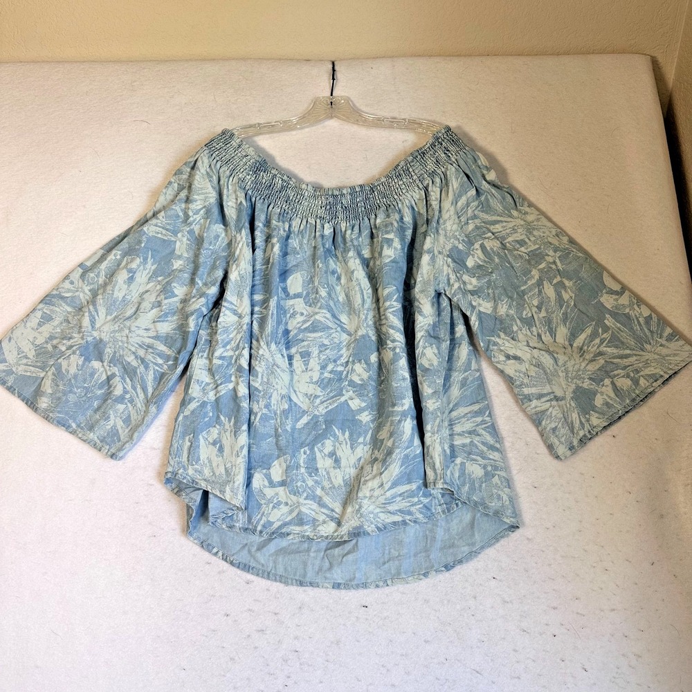 DG2 by Diane Gilman Off-the-Shoulder Floral Print SoftCell Top‎ Chambray sz 1X